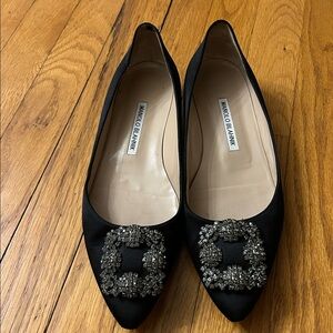 Manolo Blahnik Black Flats with Crystal Buckle